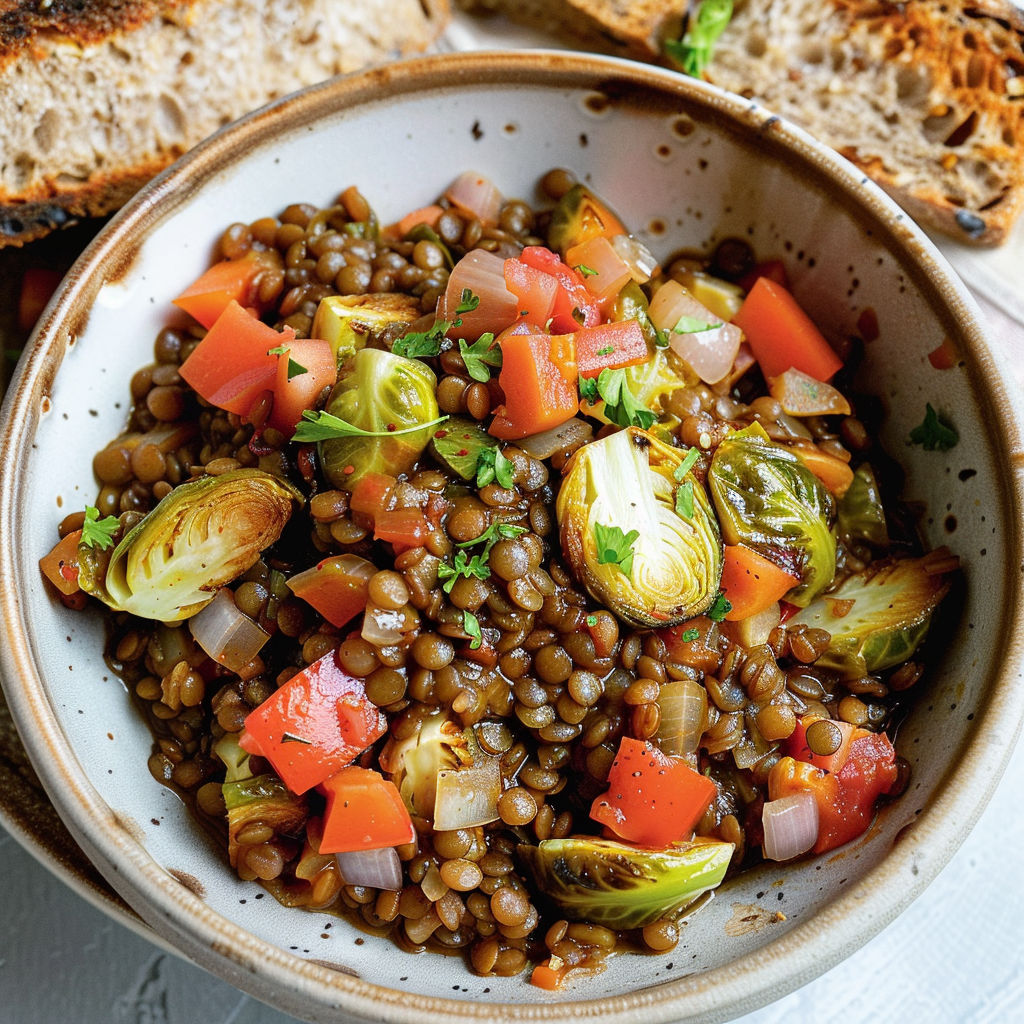 Un plat de légumes et graines mijotées, incluant des légumes d'hiver et des champignons, accompagnés de pain grillé.