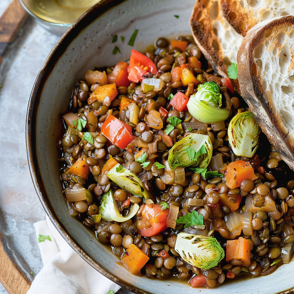 Un plat végétalien nourrissant aux lentilles, enrichi de légumes sautés, tomates fraîches et filet d'huile d'olive.