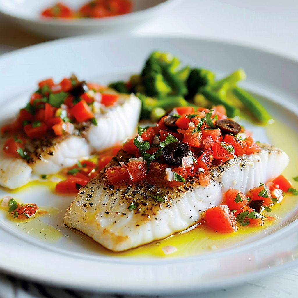 Poisson blanc avec sauce vierge aux olives.