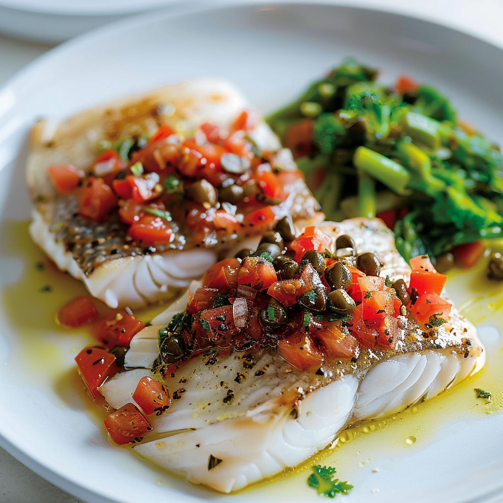 Un poisson doré est servi avec une sauce vierge fraîche à base de tomates, olives noires, câpres et échalote.
