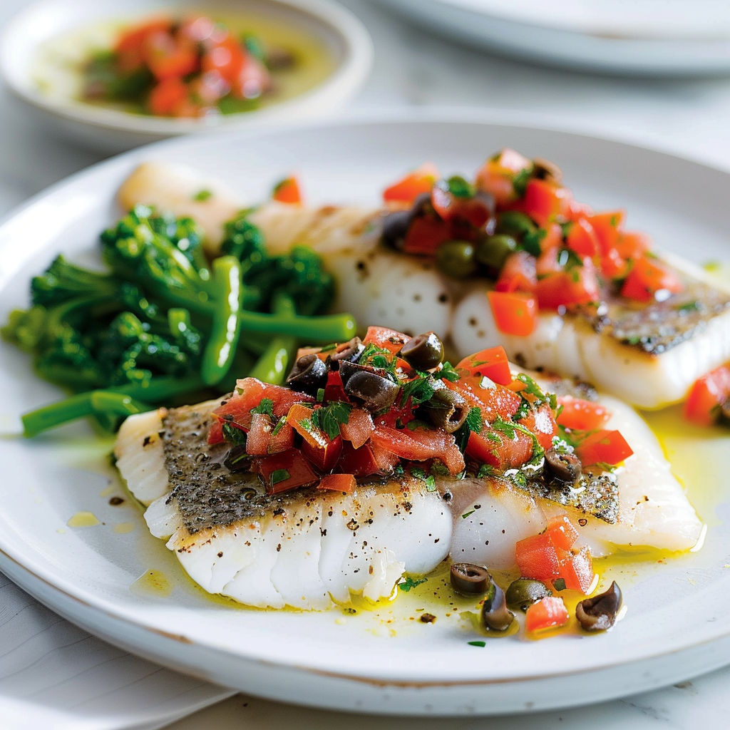 Poisson blanc poêlé nappé d'une sauce méditerranéenne acidulée aux tomates fraîches et olives hachées.