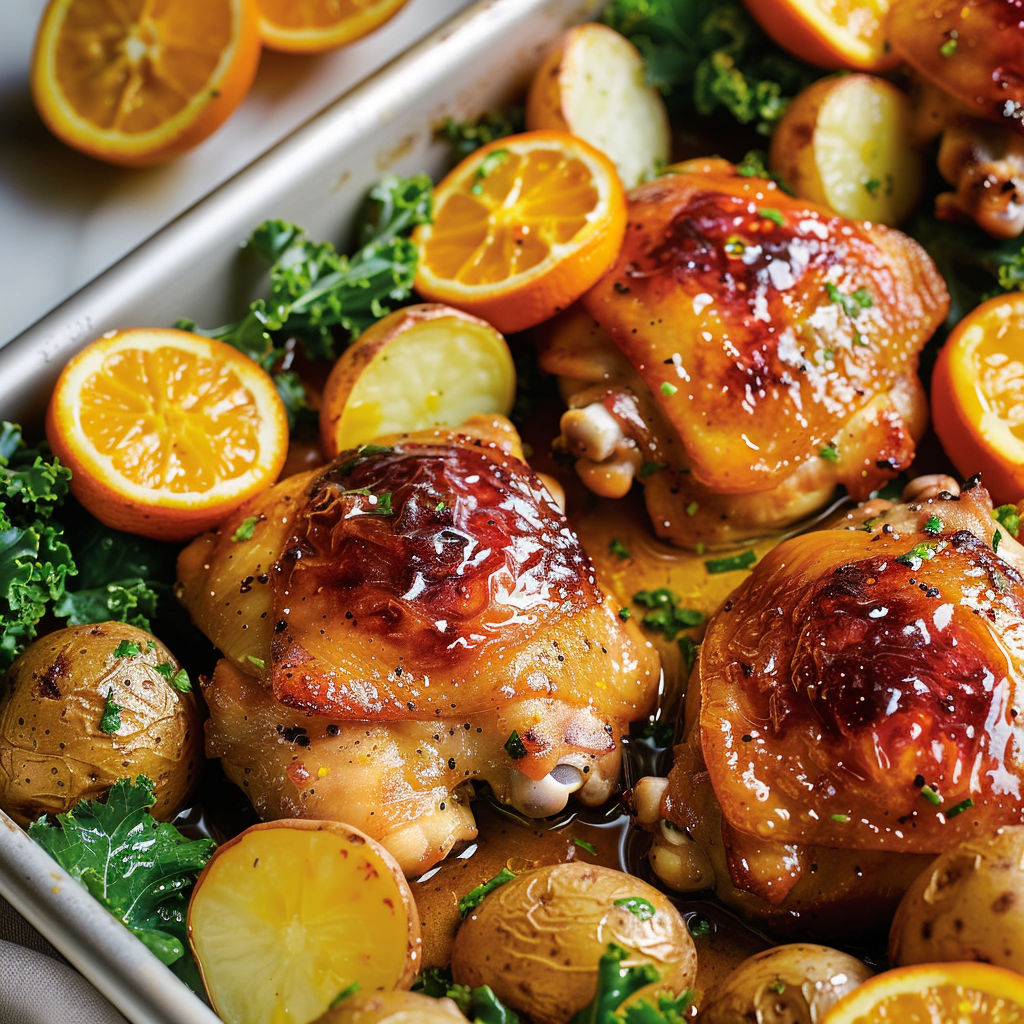 Une recette de haut de cuisses de poulet caramélisés au miel et au piment, rôtis au four avec des pommes de terre grelots et des tranches d'orange.