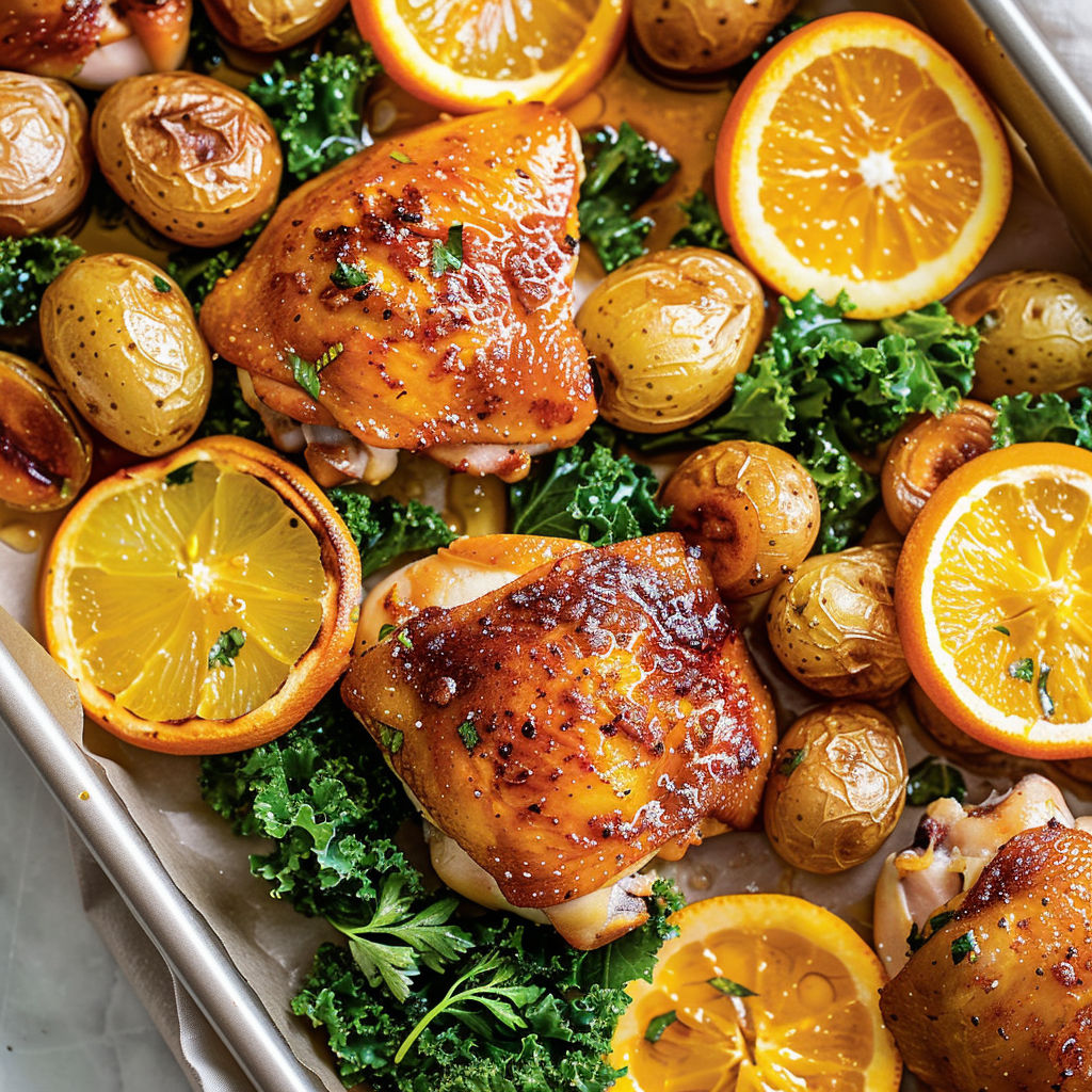 Un plat doré de poulet croustillant à la peau laquée, entouré de pommes de terre fondantes et d'agrumes rôtis.