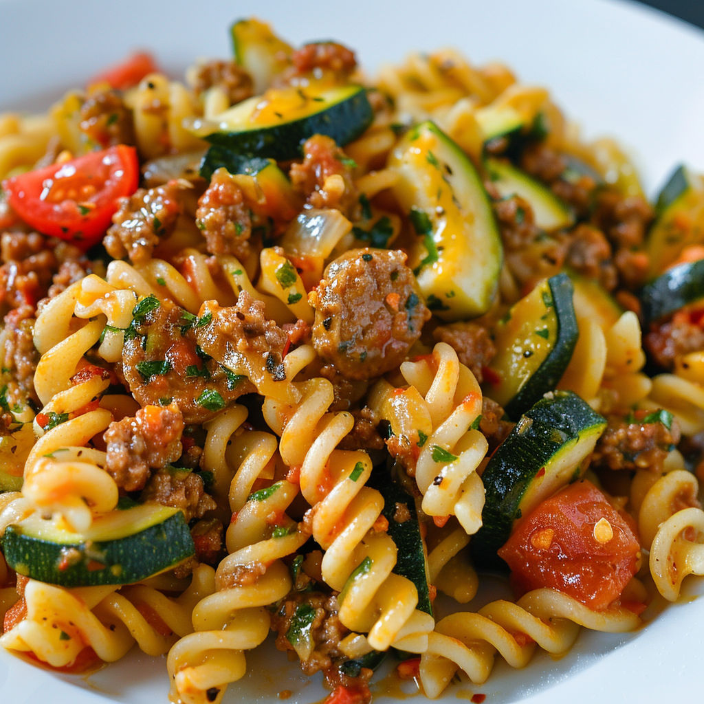Plat de pâtes aux saveurs italiennes : saucisses et courgettes.