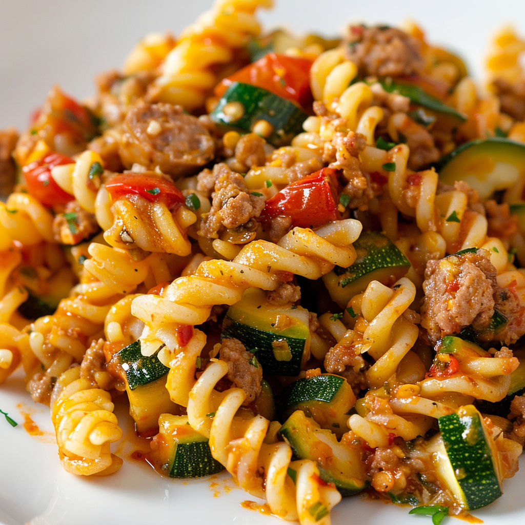 Une plate de pâtes savoureuses aux saucisses italiennes et courgettes.