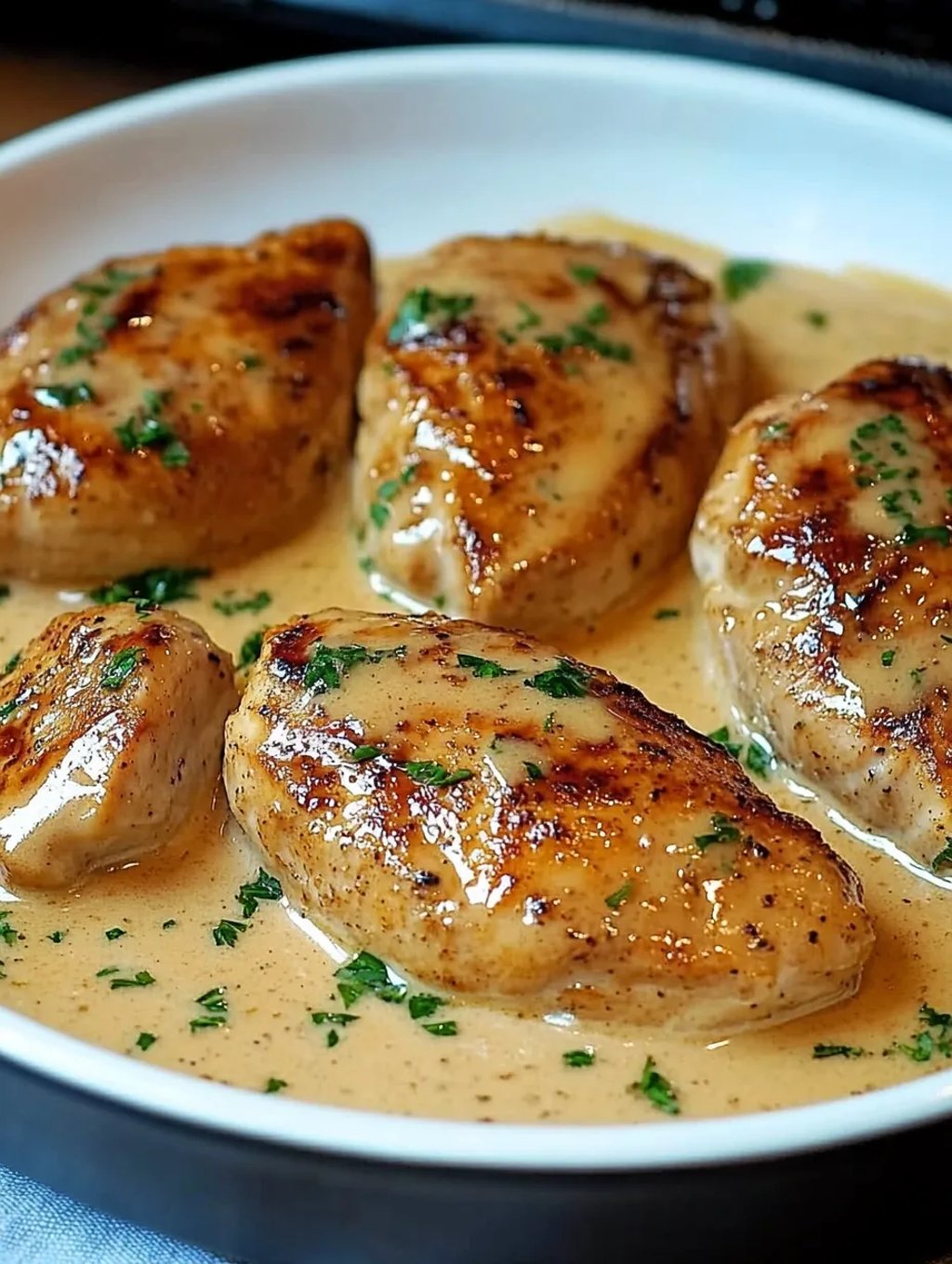 Chicken breasts cooked in a creamy sauce, served on a white plate.