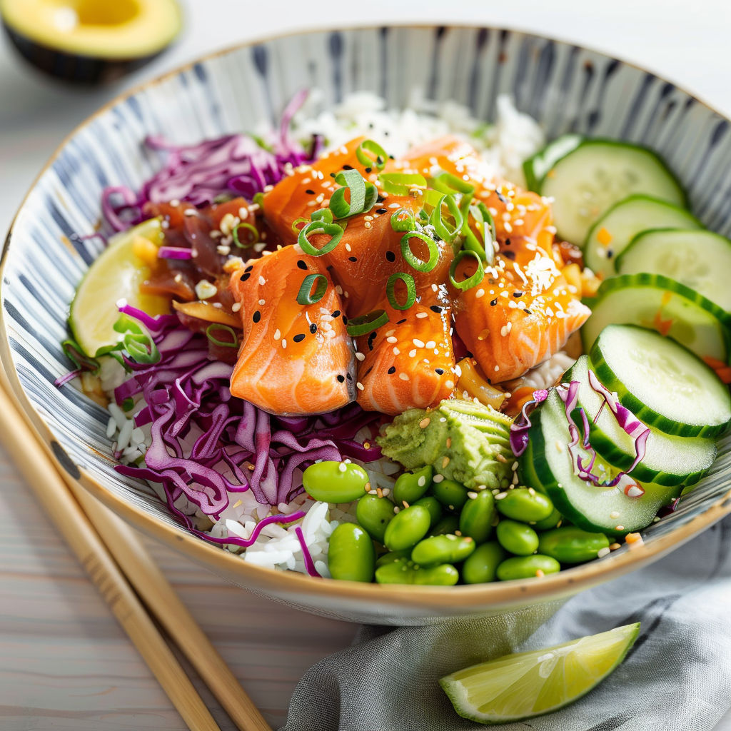 Bol aux edamames et saumon, une salade colorée et savoureuse, avec des légumes frais et du poisson grillé.