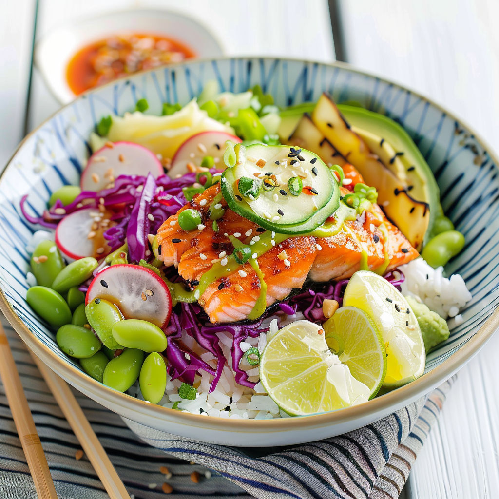 Une salade de poisson et légumes, avec des garnitures de cucumbers et de pamplemousses, est servie dans un bol coloré.