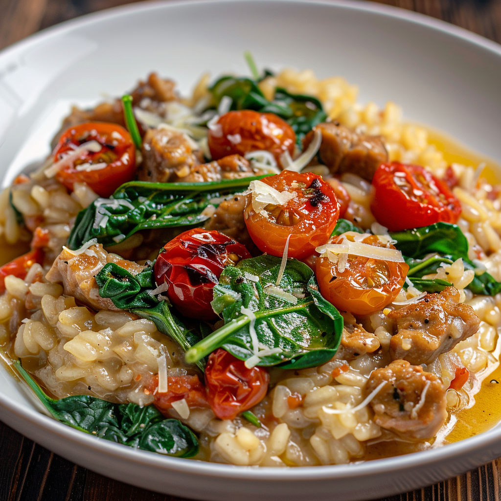 Risotto au veau haché, aux épinards et aux tomates rôties, servie sur un plateau en bois.