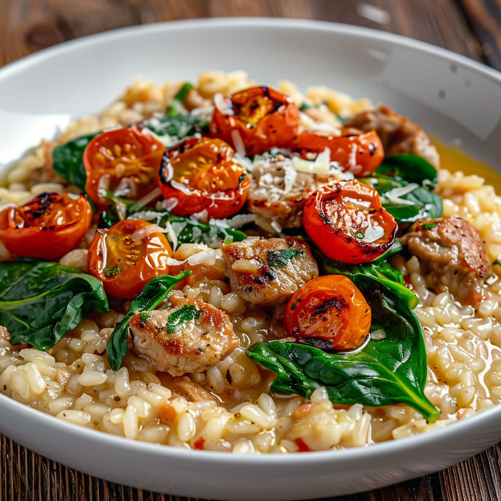 Une recette de risotto avec des tomates, des épinards et des tomates séchées.