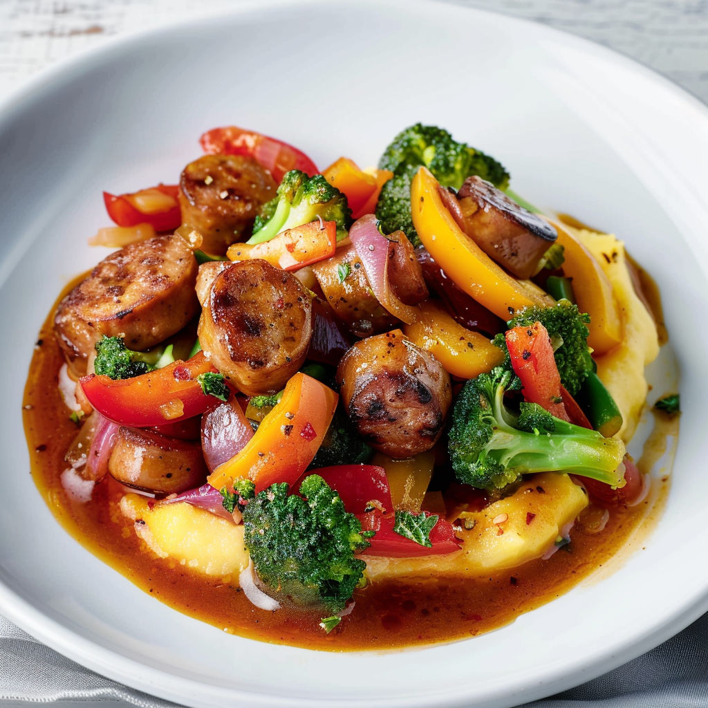 Une assiette de polenta et de saucisses, accompagnée de légumes, est servie sur une table.