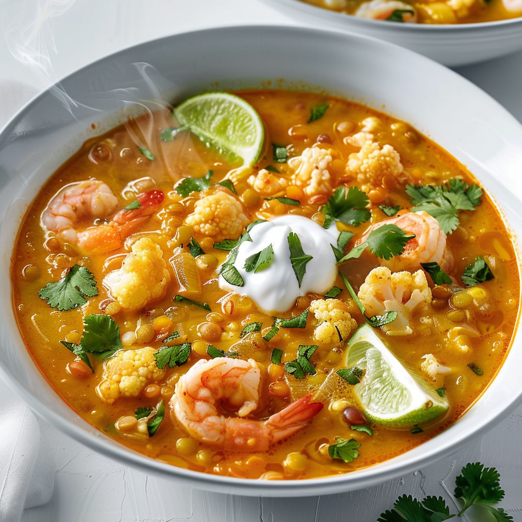 Une soupe aux lentilles, chou-fleur et crevettes est servie dans un bol en verre.