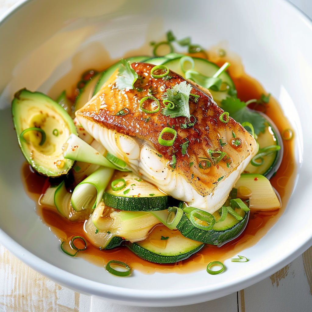 Une morue poêlée avec des courgettes et des avocats, accompagnée d'une sauce au gingembre.