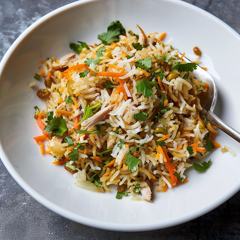 Une assiette de pilaf à la dinde aux saveurs indiennes, avec des légumes et des épices, est servie sur une table.