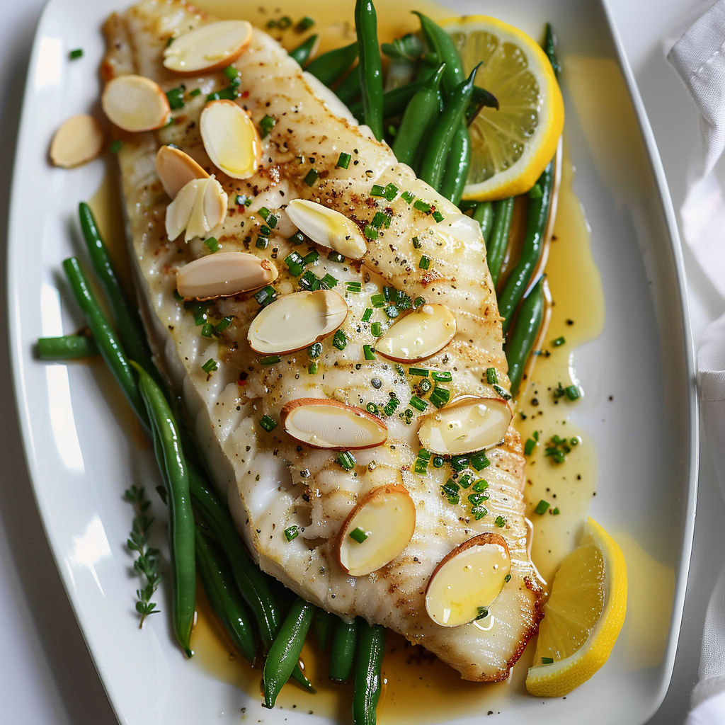Une poisson rôti aux amandes et haricots verts, accompagné de citrons.