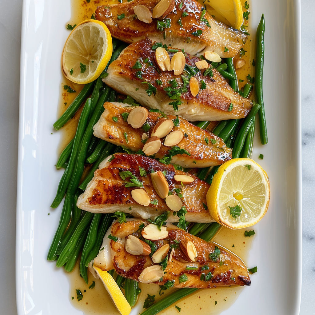 Filets de sole express à l'amandine, servis sur un plateau blanc, avec des légumes verts et des amandes.