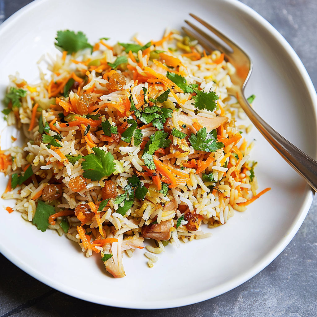 Une salade de riz et de carottes, avec des herbes et des épices, est servie sur un plateau en porcelaine.