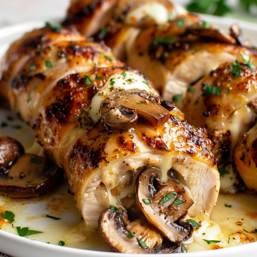 Roulades de poulet farcies aux champignons et fromage, une recette savoureuse et délicieuse.