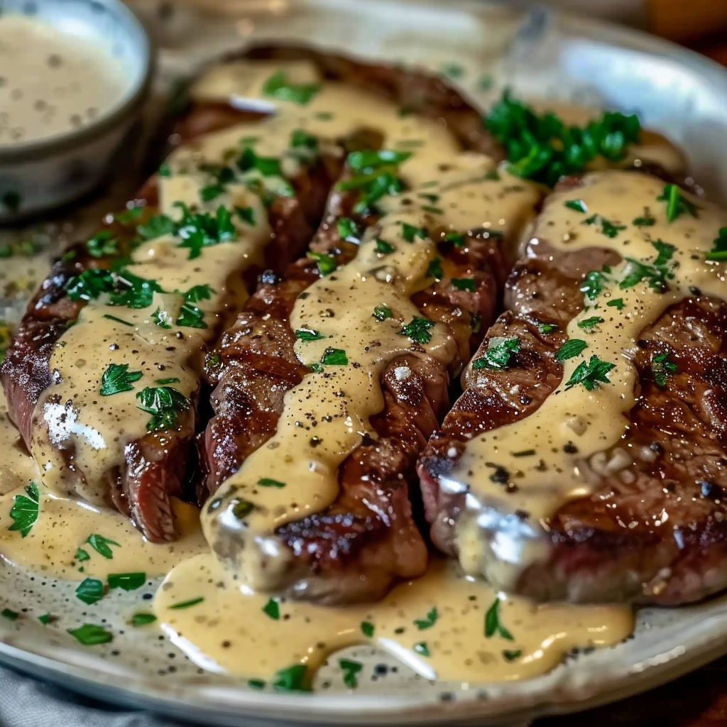 Steak juteux avec sauce crémeuse à l'ail.