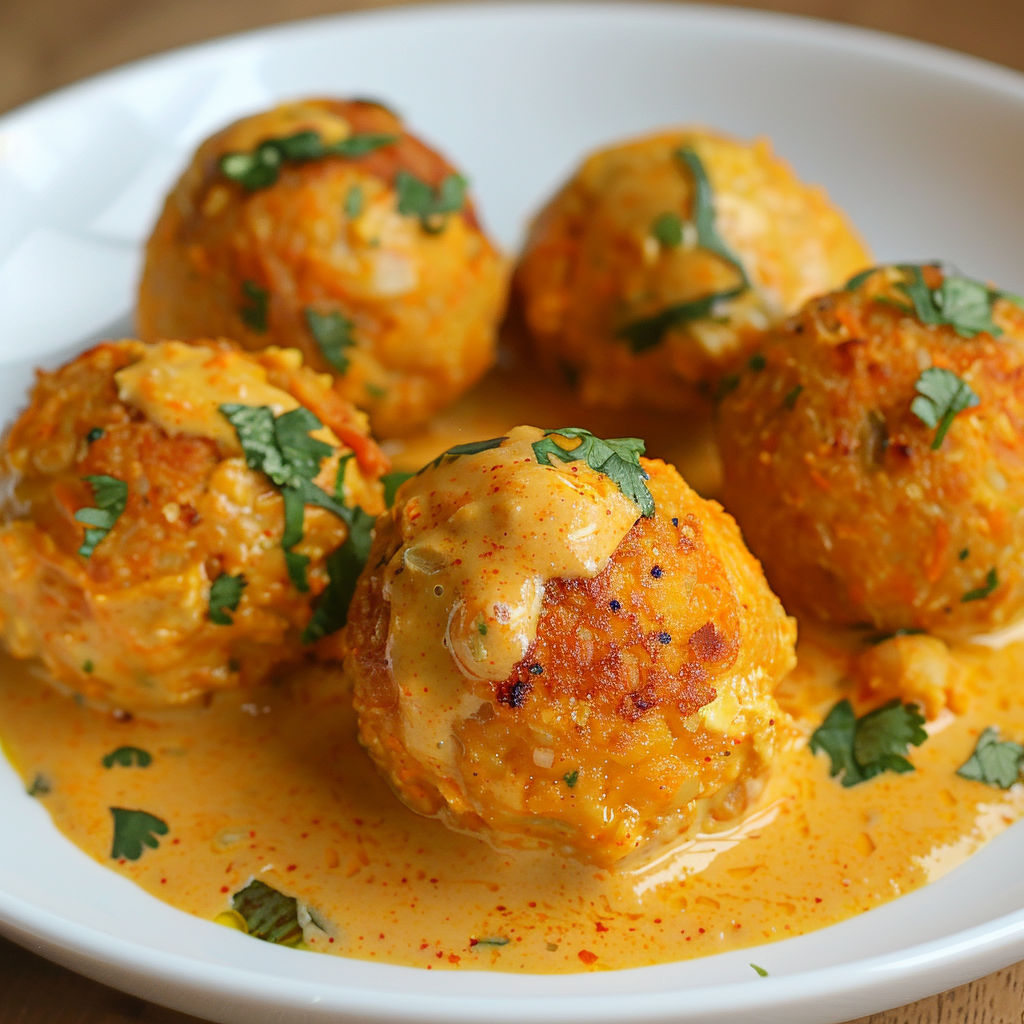 Boulettes de carottes et pois chiches dans une sauce coco et curry.
