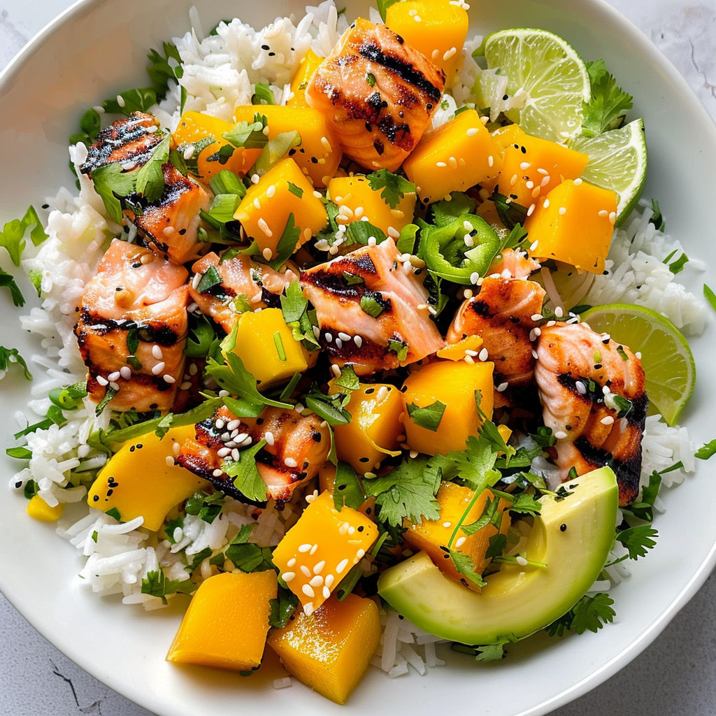 Salade de riz basmati, mangue et saumon grillé.