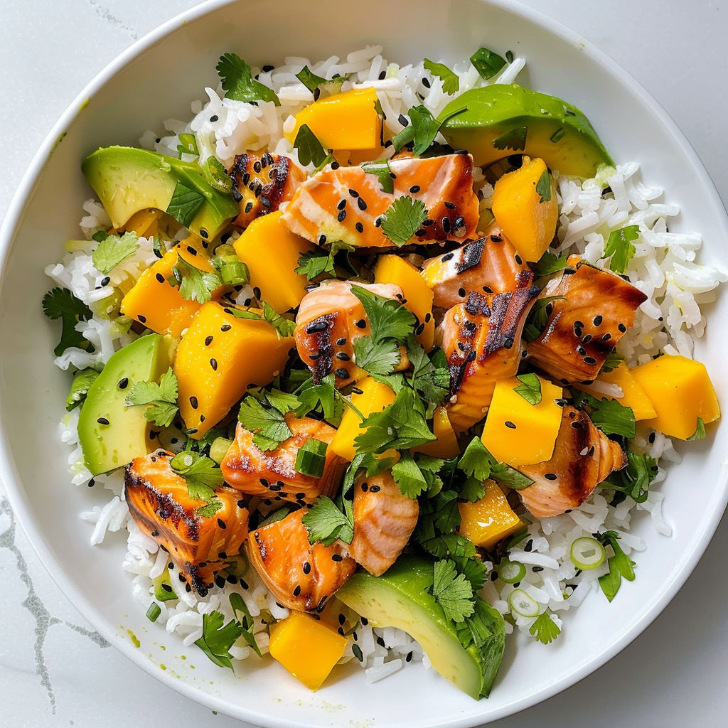 Une salade fraîche et gourmande où le riz basmati rencontre le fondant du saumon grillé et la douceur de la mangue.