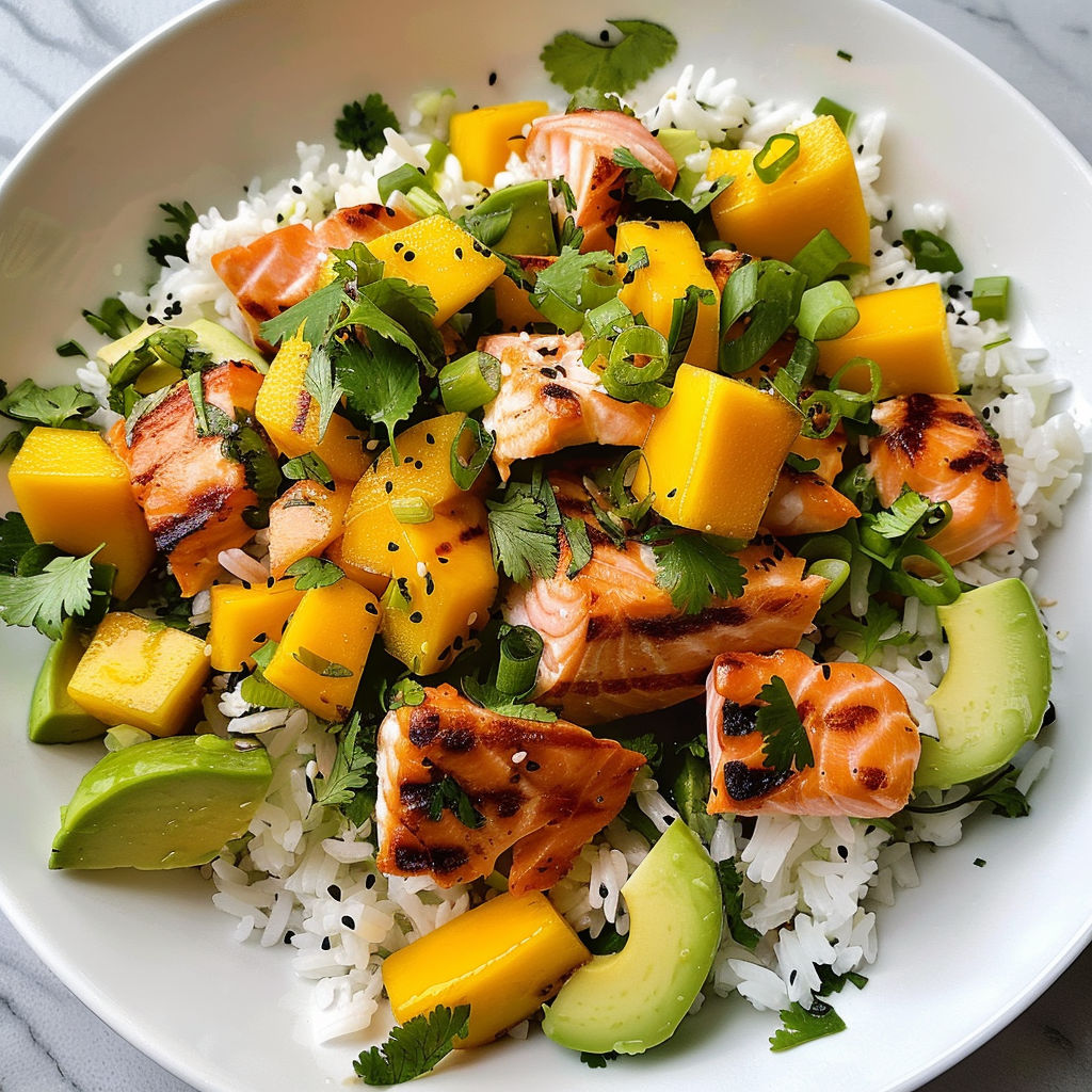 Une salade exotique et gourmande avec riz, saumon grillé, mangue et citron vert.