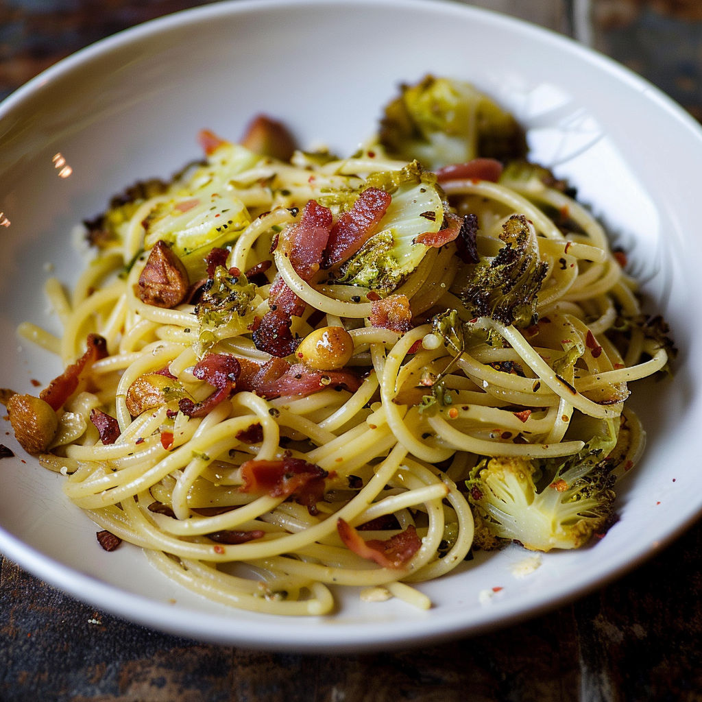 Une plate de spaghettis au chou, avec des légumes verts et des bacon, est servie sur une table.
