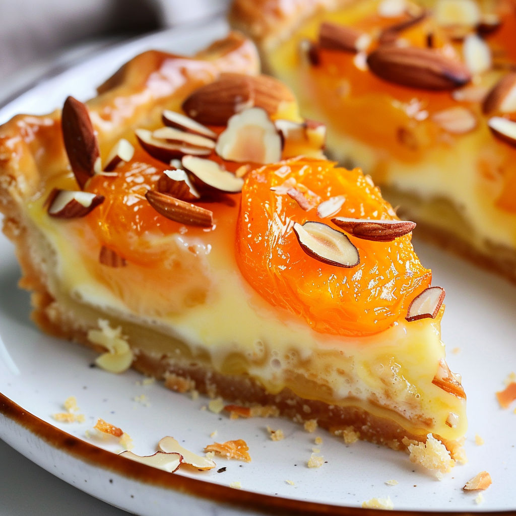 Une tarte moelleuse aux abricots et amandes, servie sur un plateau.