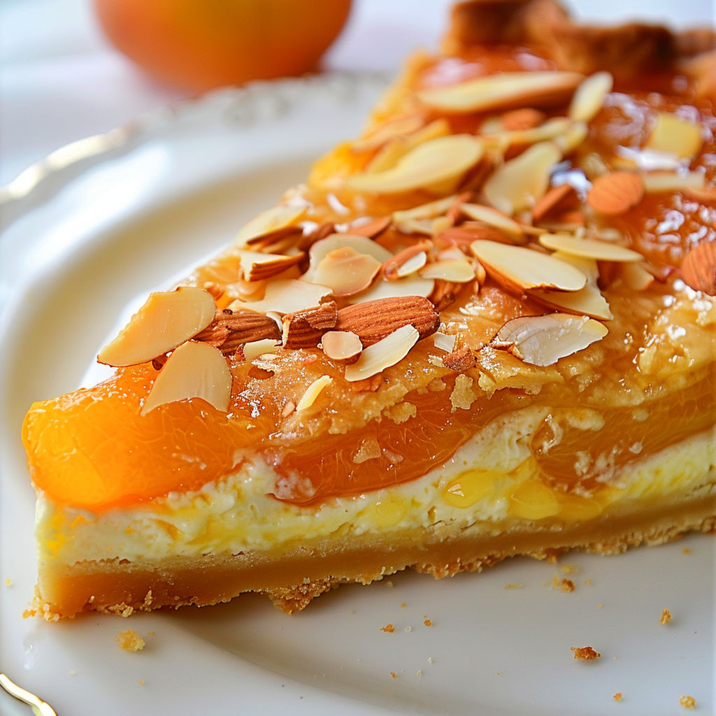 Une tarte gourmande avec des abricots juteux, amandes parfumées et une pâte dorée, idéale pour être servie tiède ou froide.