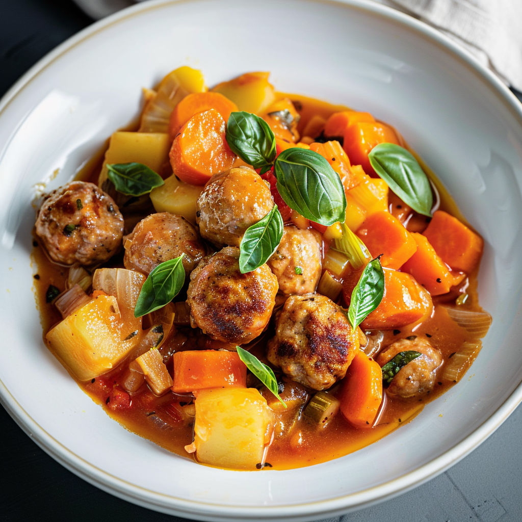 Une assiette de légumes et boulettes de saucisse à la mijoteuse, avec des herbes fraîches pour garnir.