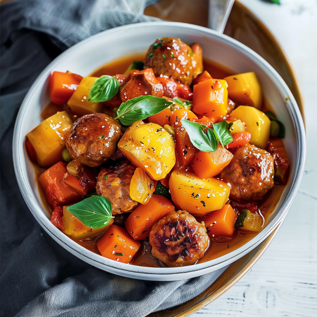 Une recette de bol de légumes et de viande, avec des légumes tels que des carottes et des oignons, et des viandes comme des saucisses et des boulettes de viande.