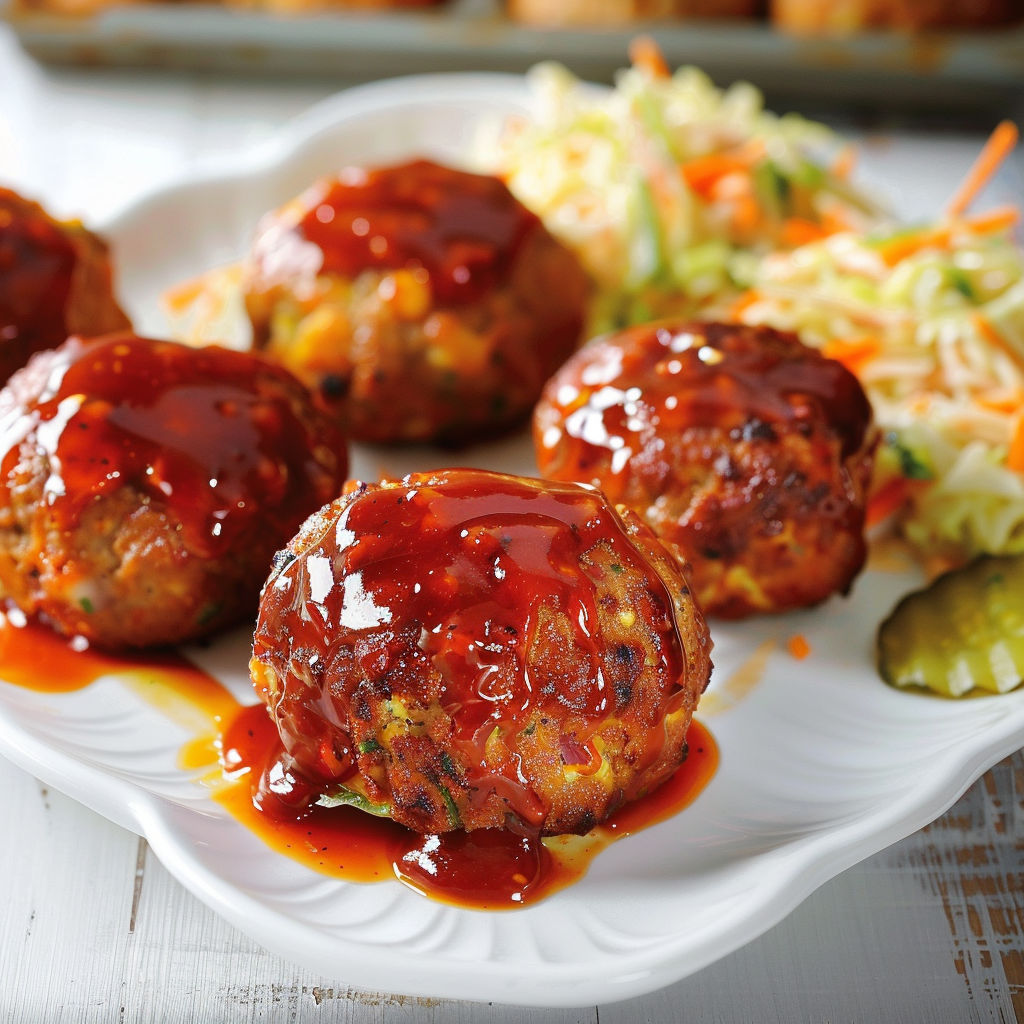 Plate of meatballs covered in a brown sauce, accompanied by a salad.
