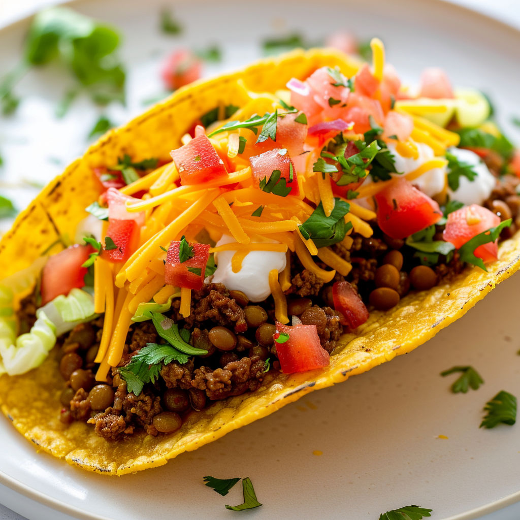 Une taco savoureuse au bœuf et lentilles épicées, garnie de tomates et de cilantro, est servie sur un plateau.