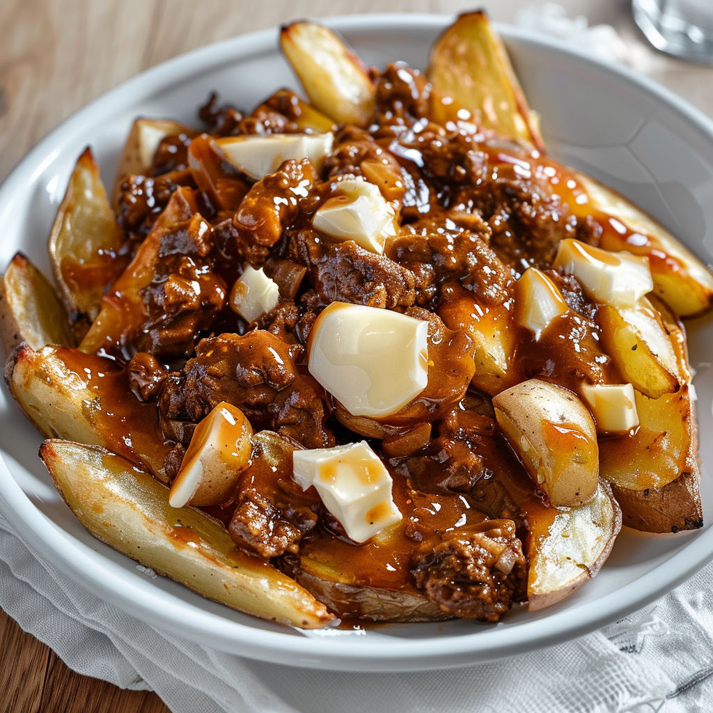 Une assiette de poutine maison au bœuf haché et sauce barbecue riche.