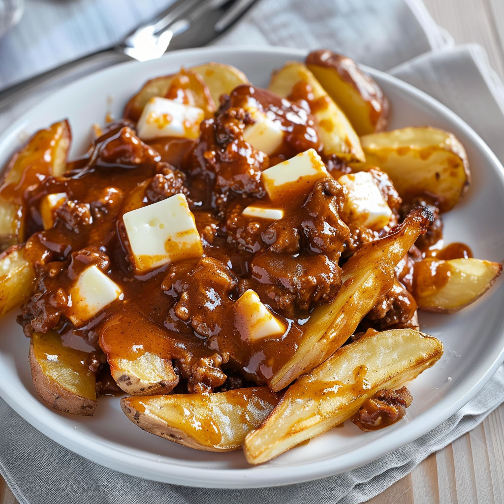 Une assiette de poutine réconfortante au bœuf savoureux et fromage fondant.