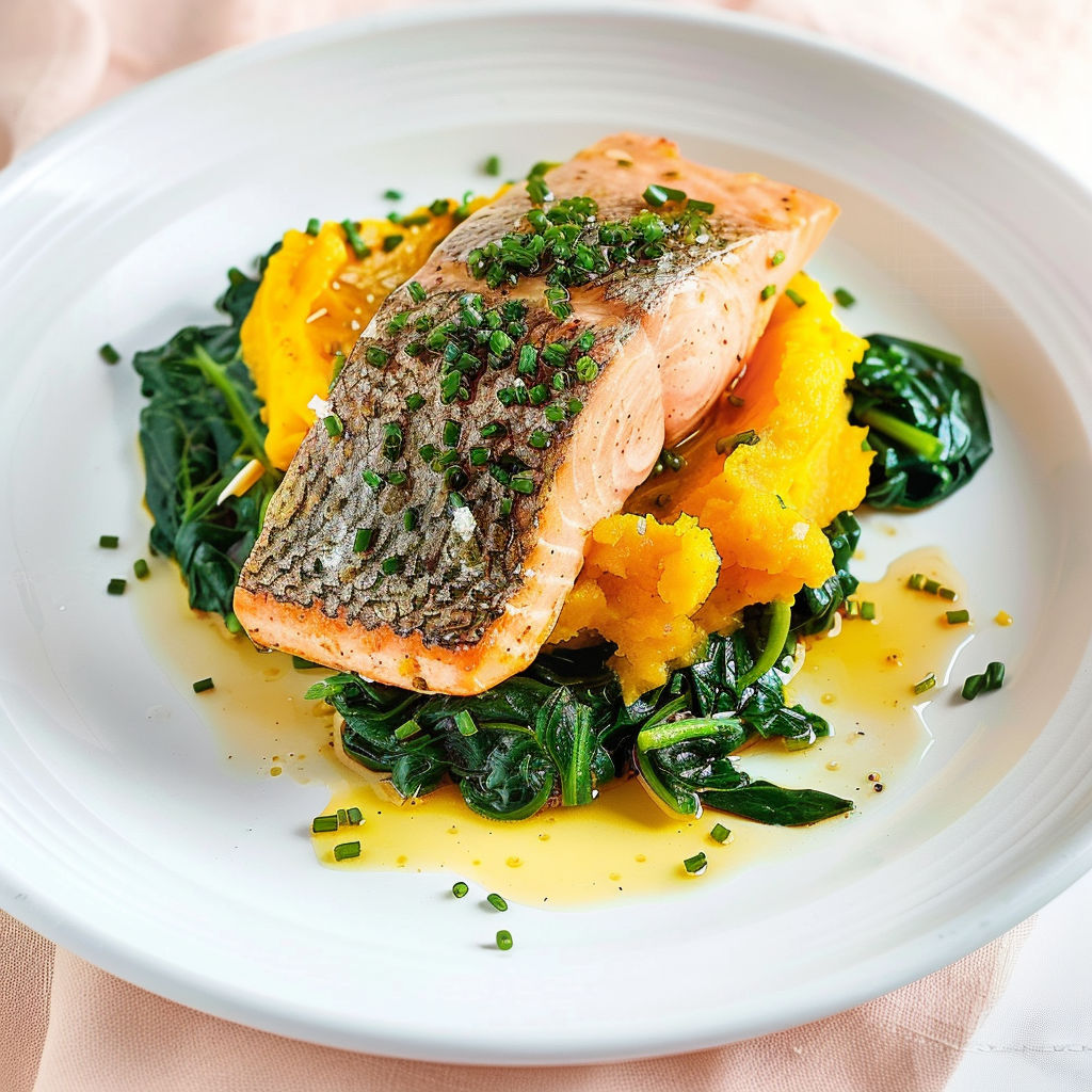 Une truite poêlée avec des épinards et une purée de courge.