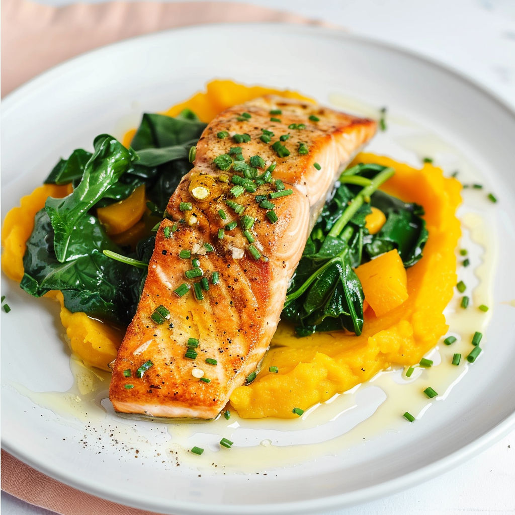Filets de truite dorés, purée veloutée à la courge Butternut et touche d'herbes fraîches.