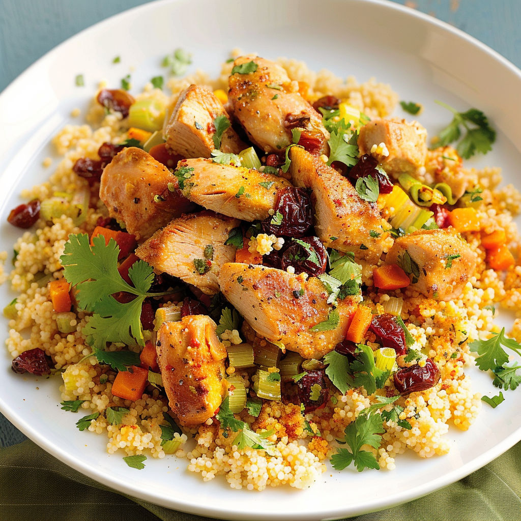 Une plate de couscous express au poulet, avec des légumes et des herbes, est servie sur une table.