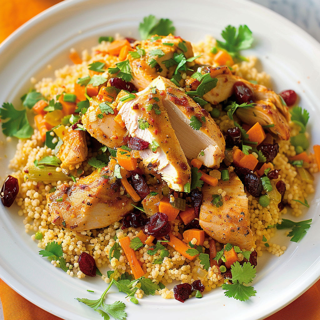 Une salade de poulet et légumes, avec des carottes, des cumin et des herbes de Provence, est servie sur un plateau en porcelaine.