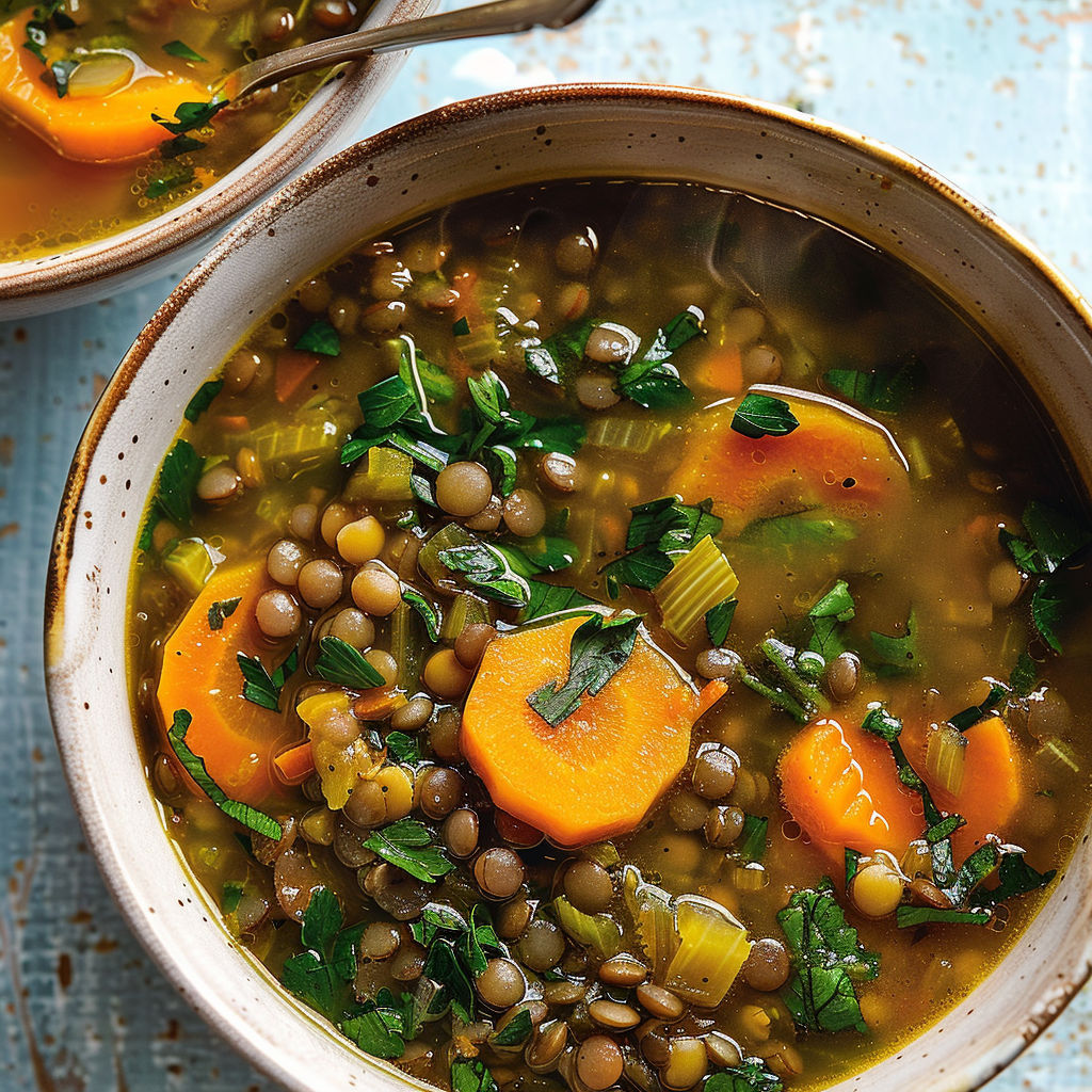 Une soupe paysanne aux lentilles et fanes de carottes, qui rappelle un retour au potager.