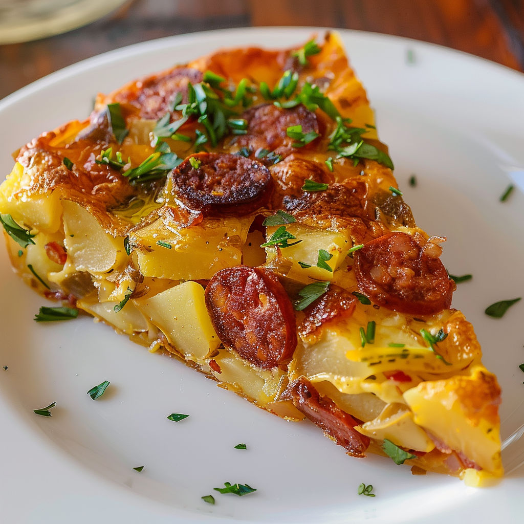 Une tortilla au chorizo est servie sur un plateau.