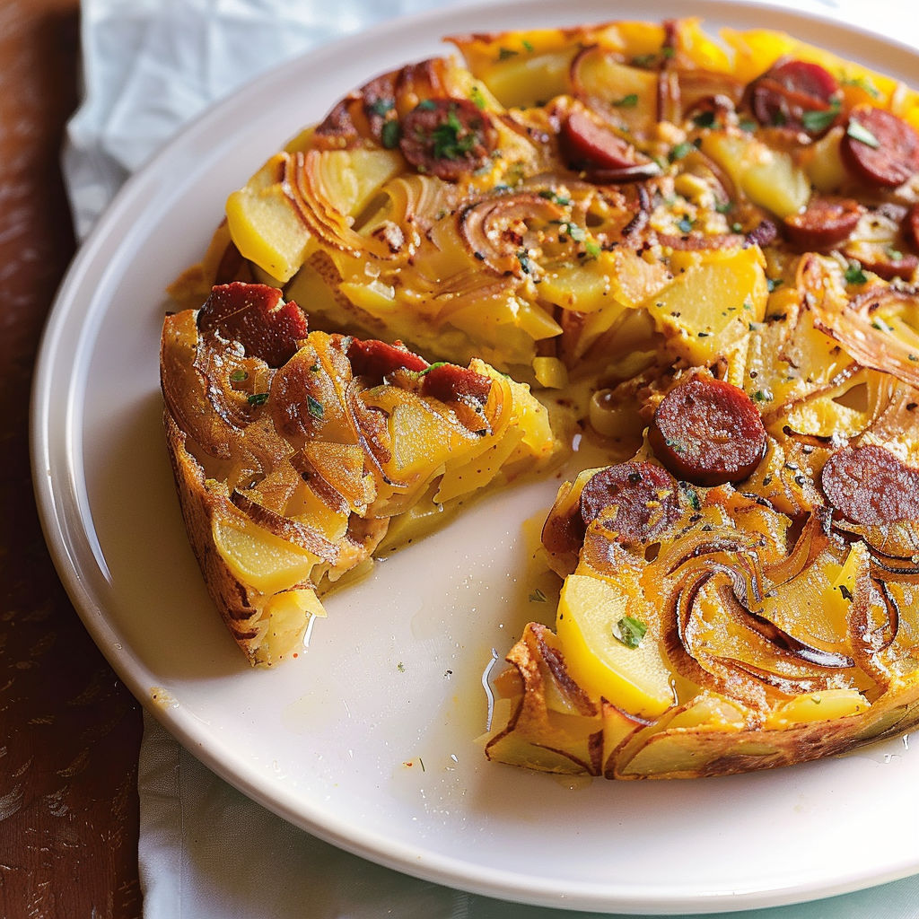 Une tarte aux pommes et saucisson, servie sur un plateau.