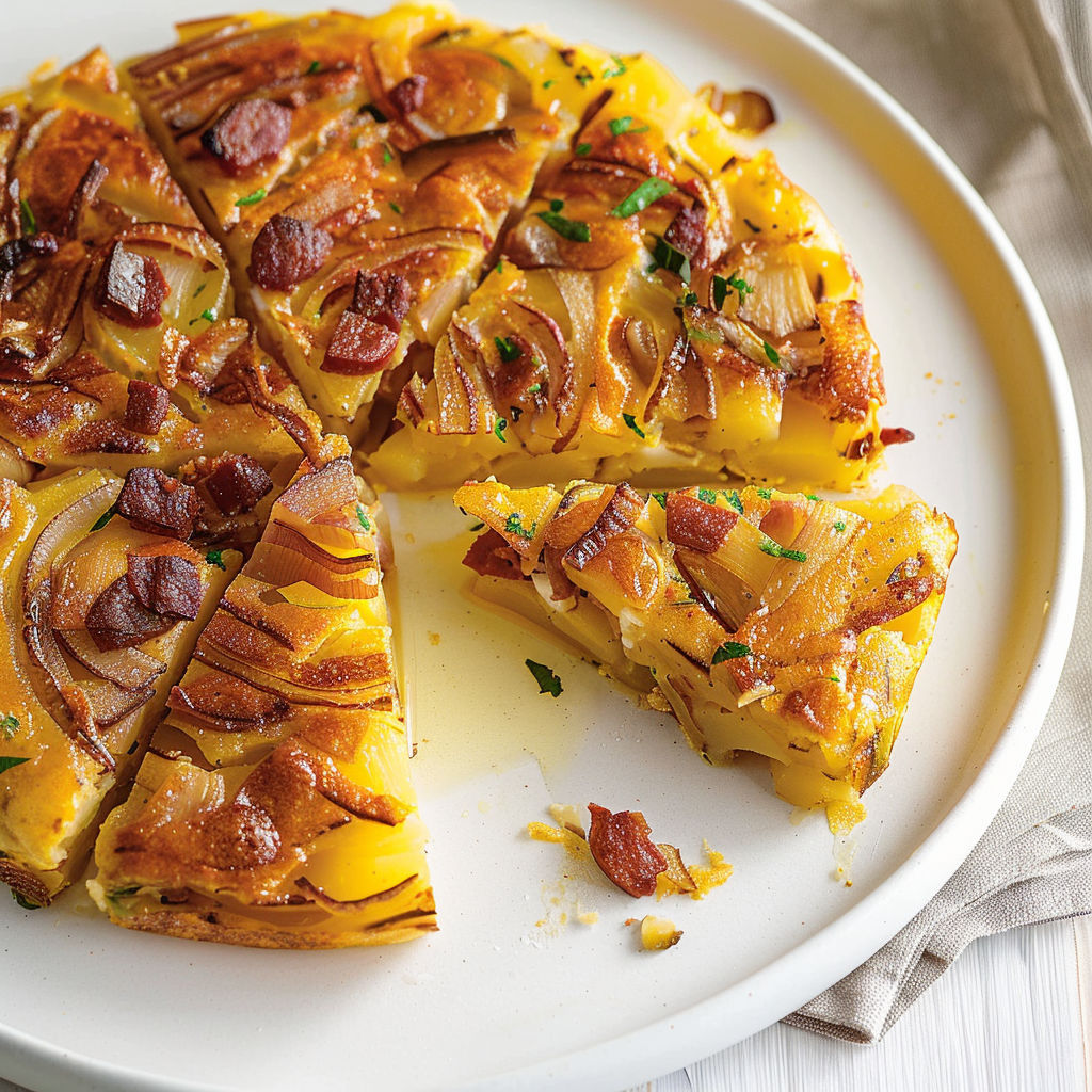 Une tarte aux pommes et bacon, servie sur un plateau.