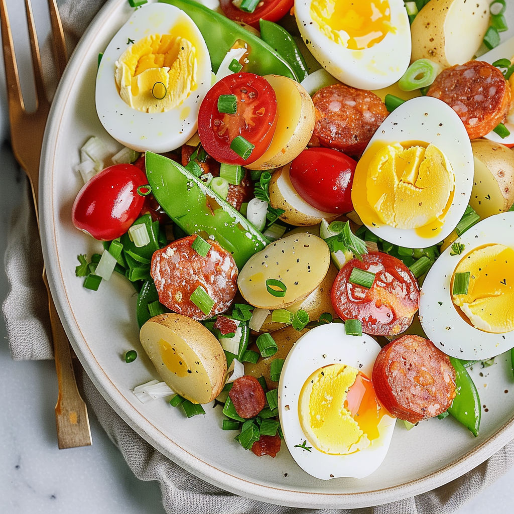 Une salade de printemps avec des œufs durs, des pois mange-tout croquants et des pommes de terre grelots.