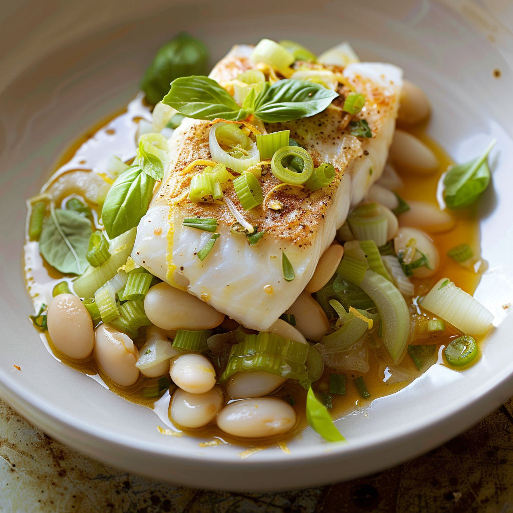 Poisson au céleri braisé et haricots blancs au citron.