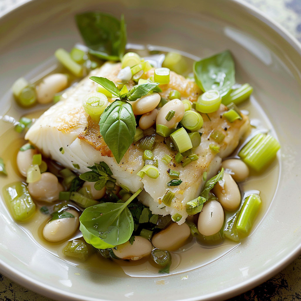 Un plat de poisson délicat mijoté avec des haricots blancs et du céleri braisé.