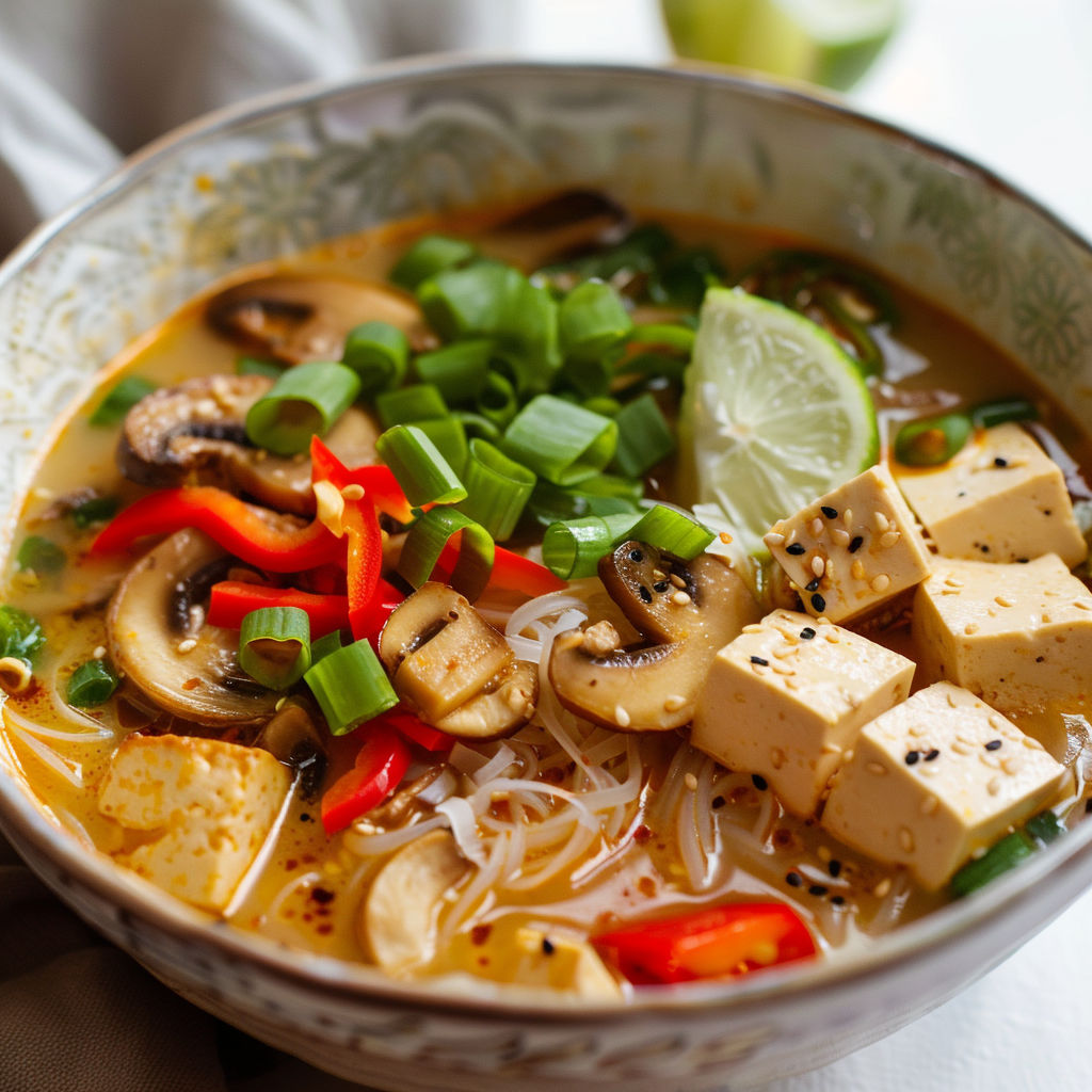Une soupe gourmande au miso, champignons sautés et poivrons croquants, servie avec lime fraîche.
