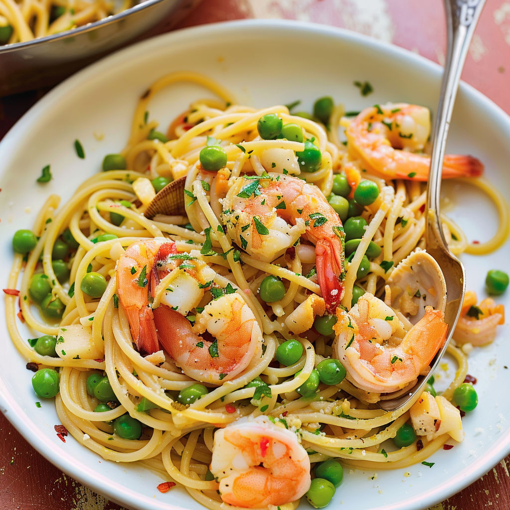 Une plate de spaghetti avec des crevettes et des pois.