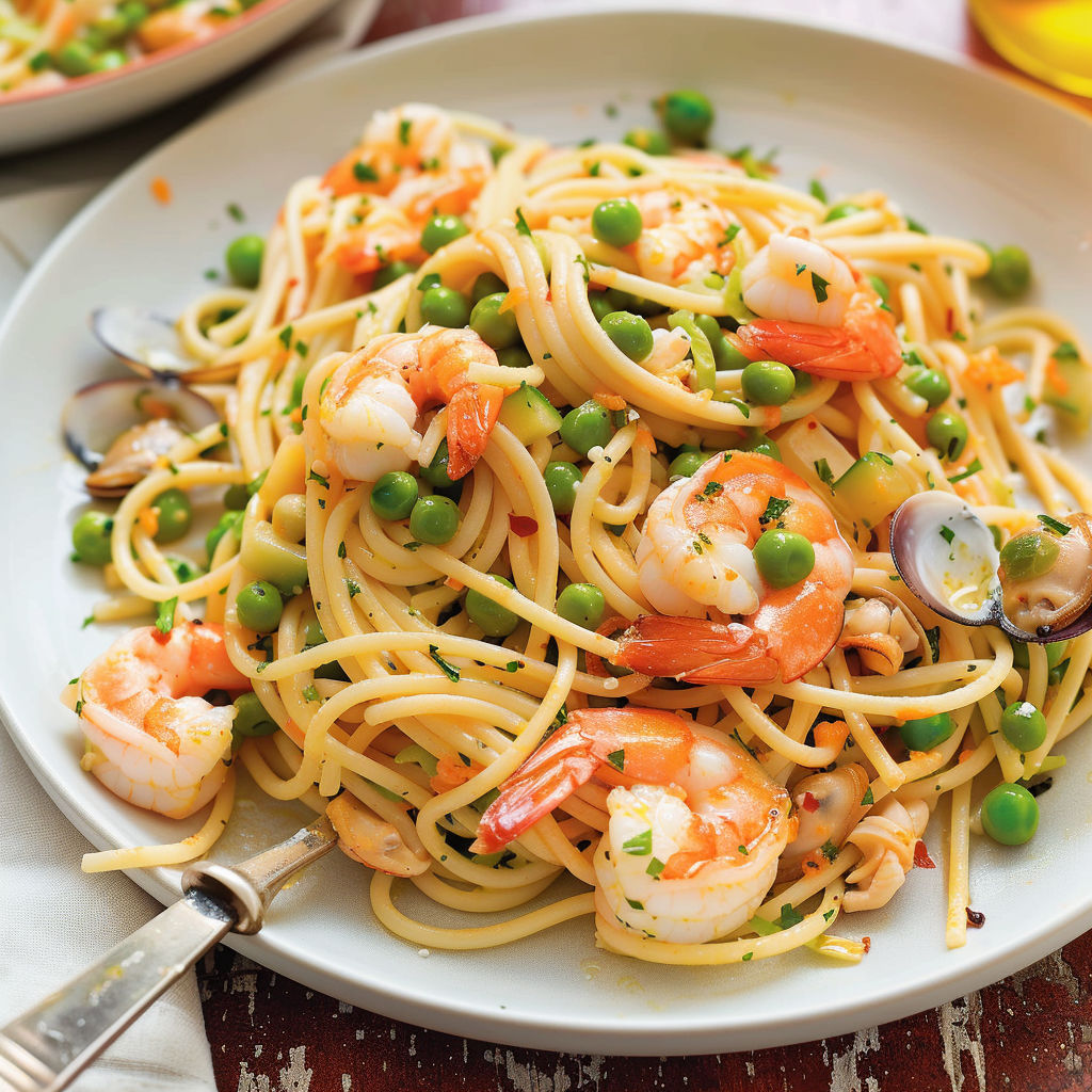 Une plate de spaghetti avec des crevettes et des pois, accompagnée d'une salade verte.